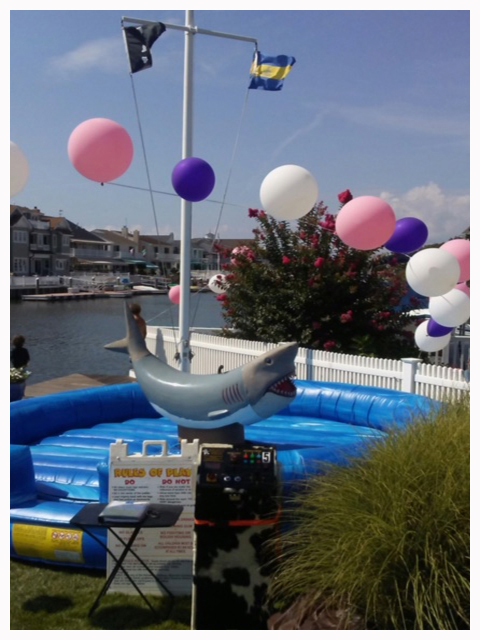 Mechanical shark ride set up at a waterfront celebration