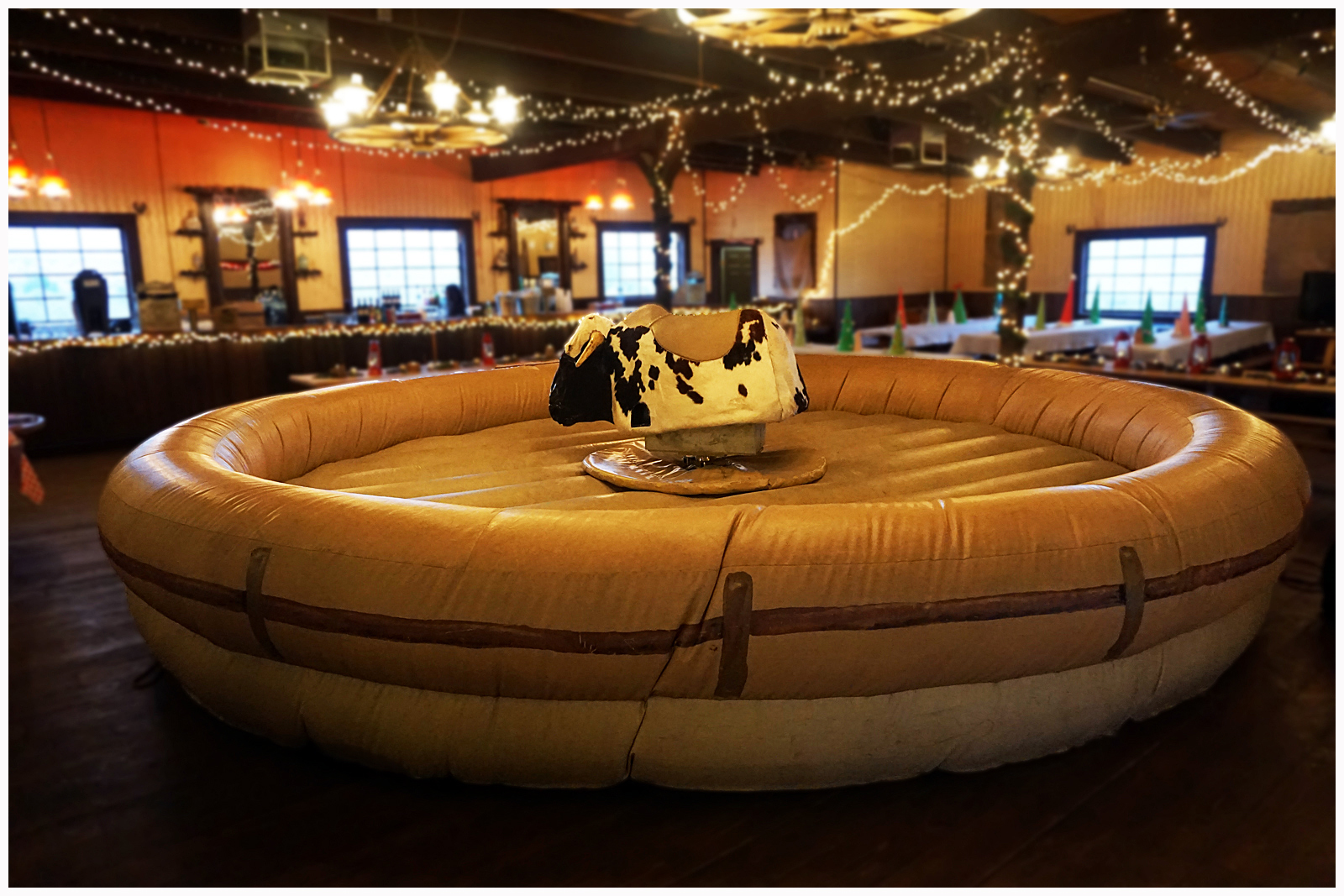 Mechanical bull prepared inside an event venue
